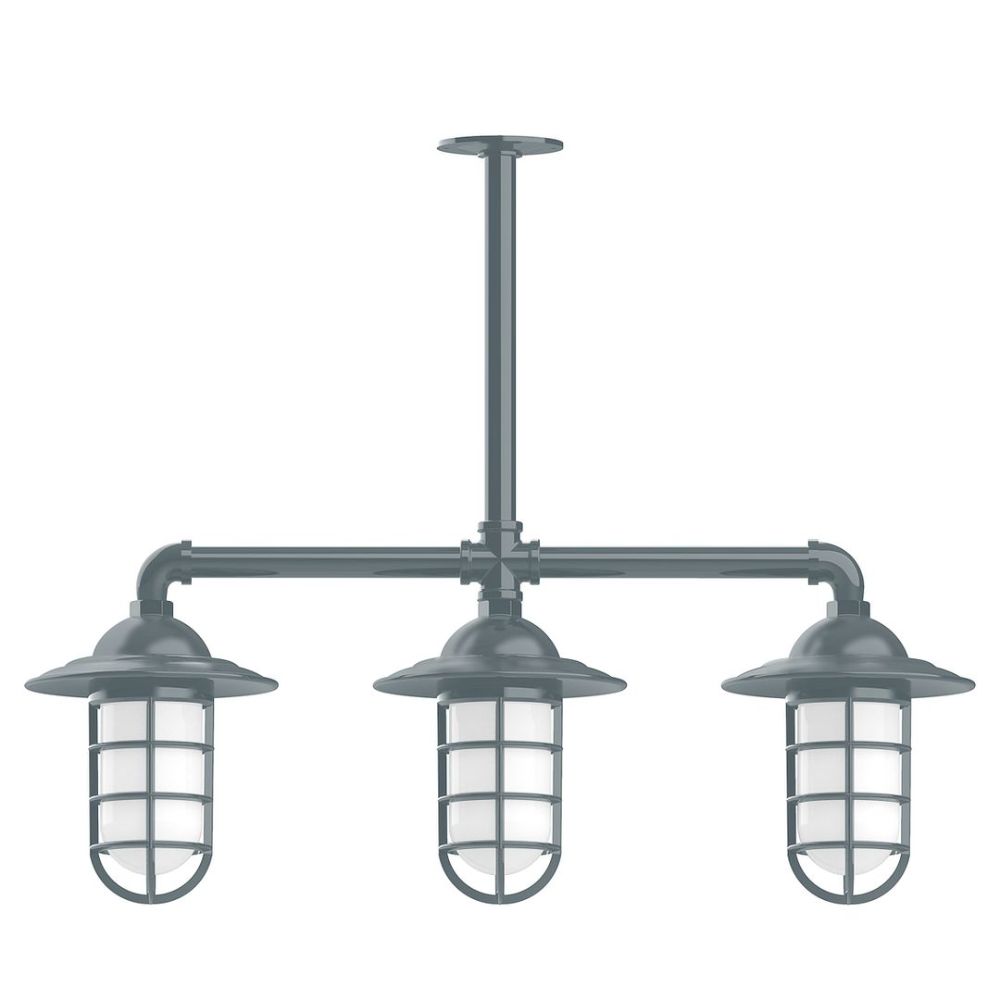 Montclair Lightworks MSK052-40-T48-G07 Vaportite, Style A shade, 3-light stem hung pendant with frosted glass and cast guard, Slate Gray